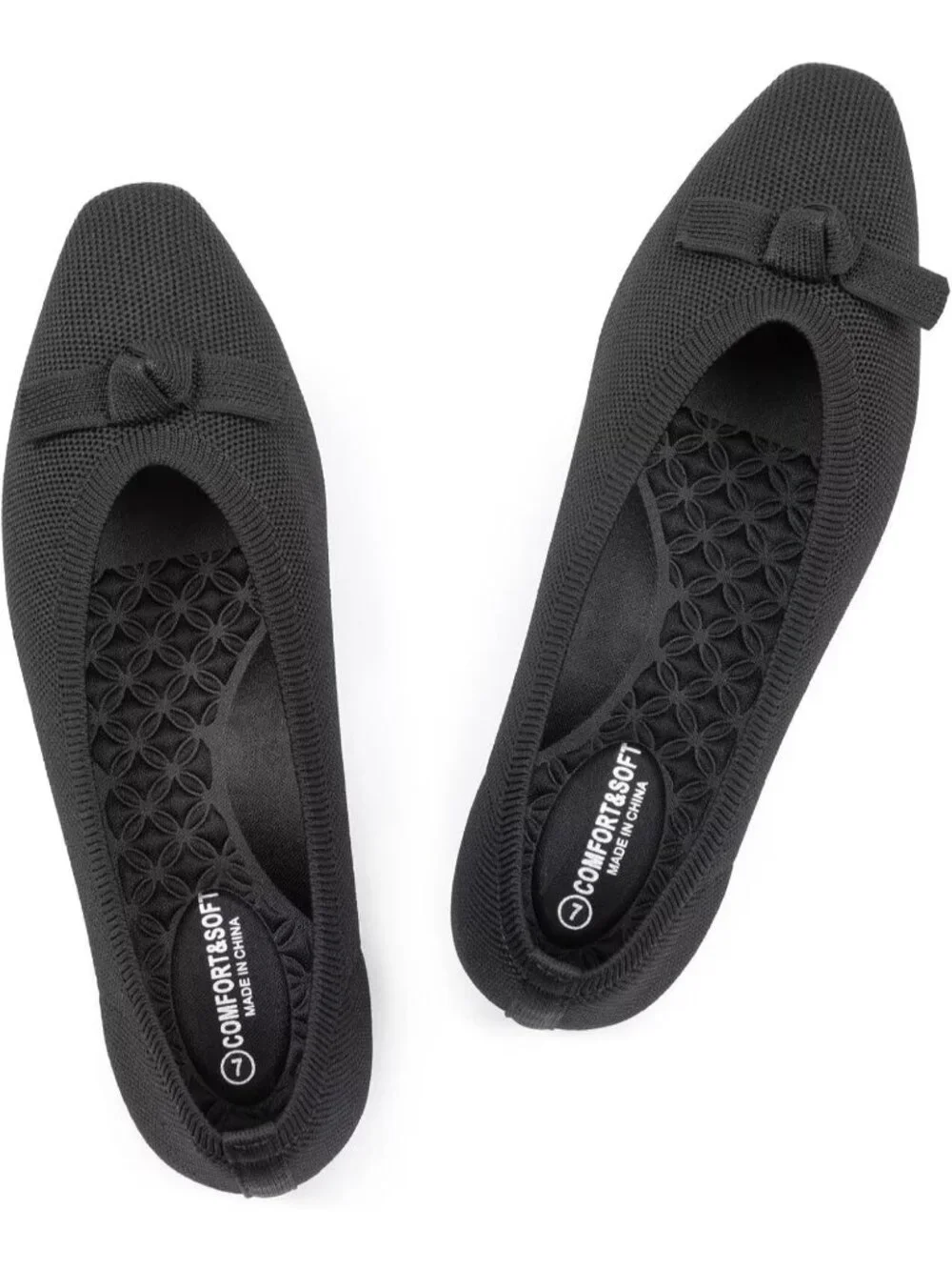 Frank Mully Women's Black Solid Rubber Knit Squared Toe Bow Slip On Ballet Flats